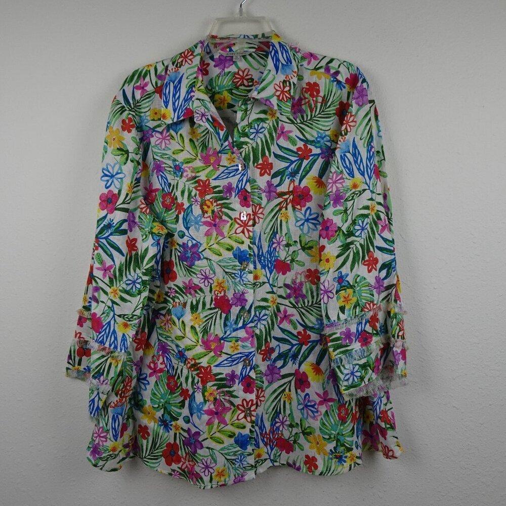 John Mark Linen Tunic Top Women's Plus Size 1X Multicolor Floral Pockets
